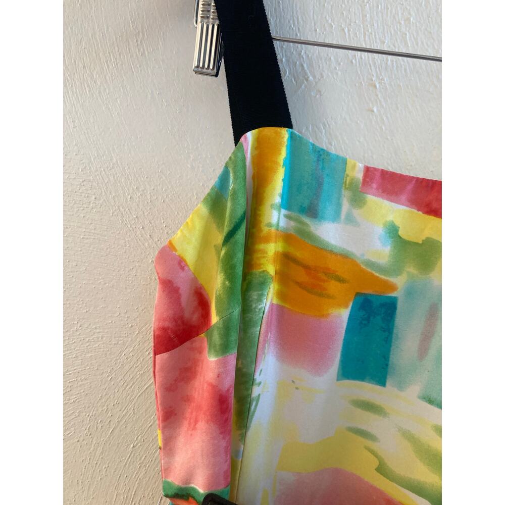 Rickie Freeman Teri Jon Silk Watercolor Abstract Stripe Colorful Belted Dress 8 - Picture 6 of 15